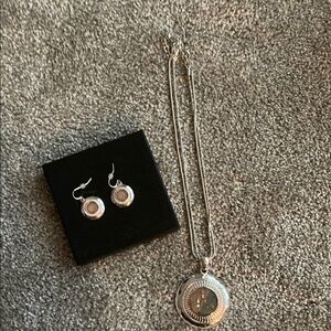 Silver Circular Pendant Necklace and Earring Set